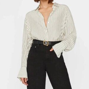Frame Silk Pinstripe Blouse, XL, Black and Cream